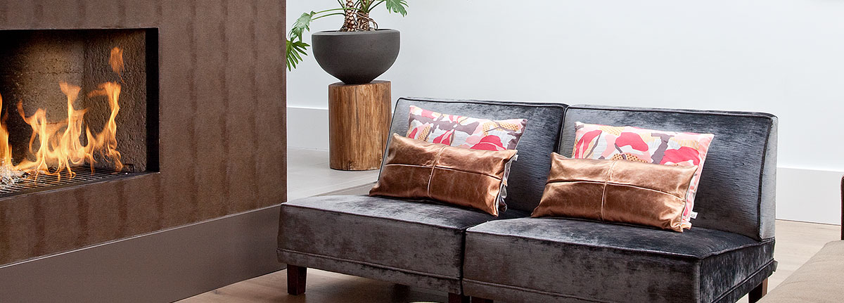 Pavilion Copper Leather Cushion on sofa