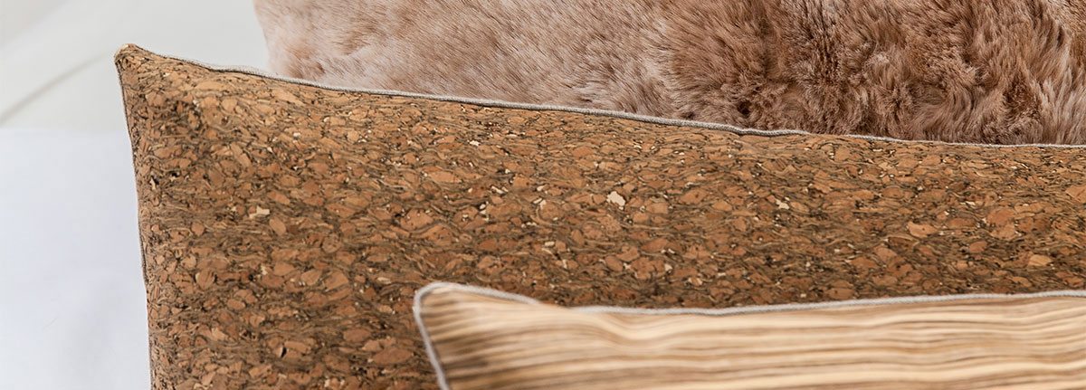 Cushion natural Cork, Cushion Mellow Fauxfur and cushion Zebrano wood
